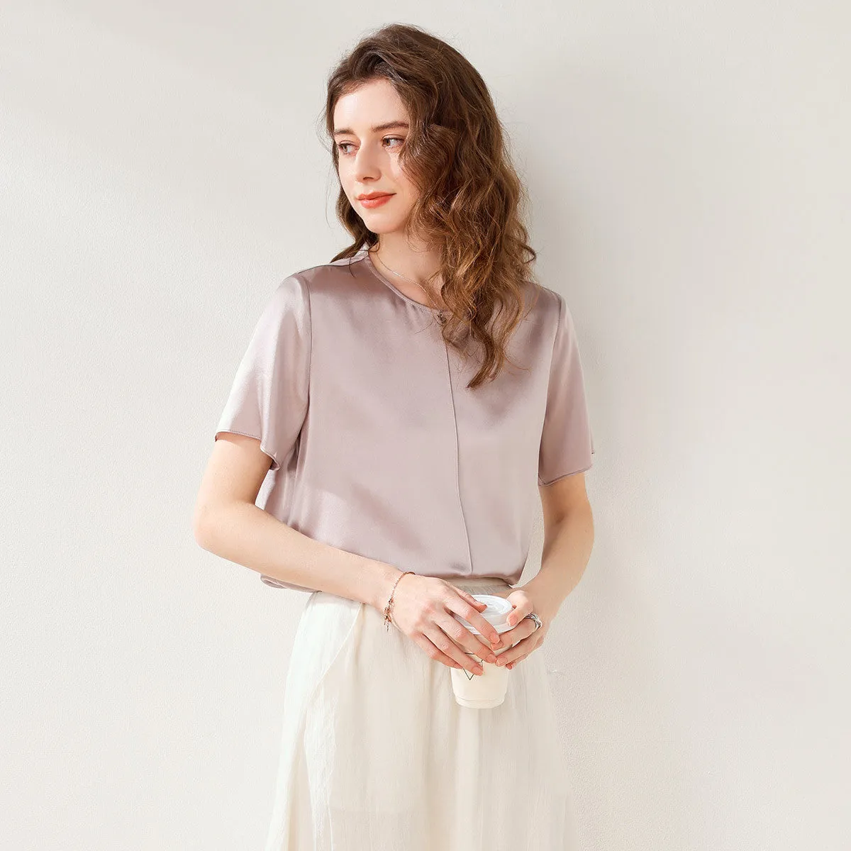 90% Mulberry Silk Solid Color Round Neck T-Shirt sold by COMOBOCA product image thumbnail 3