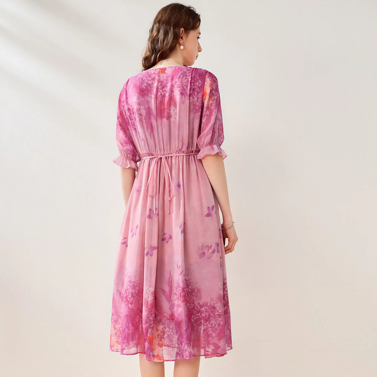 Mulberry Silk Round Neck Floral Dress sold by COMOBOCA product image thumbnail 3