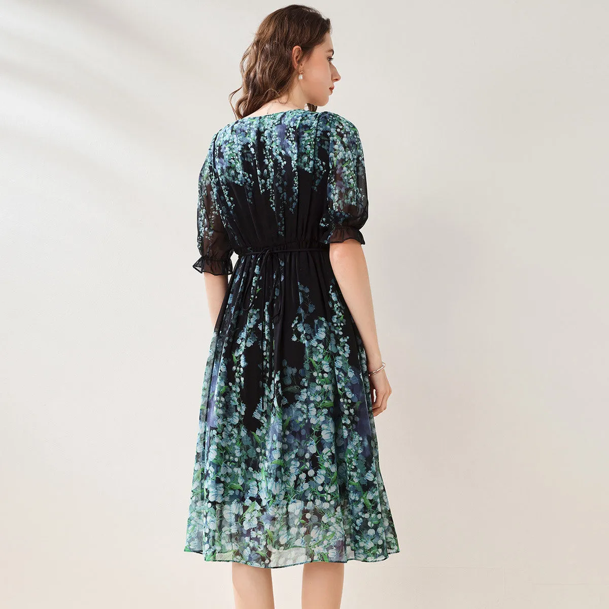 Mulberry Silk Round Neck Floral Dress sold by COMOBOCA product image thumbnail 4