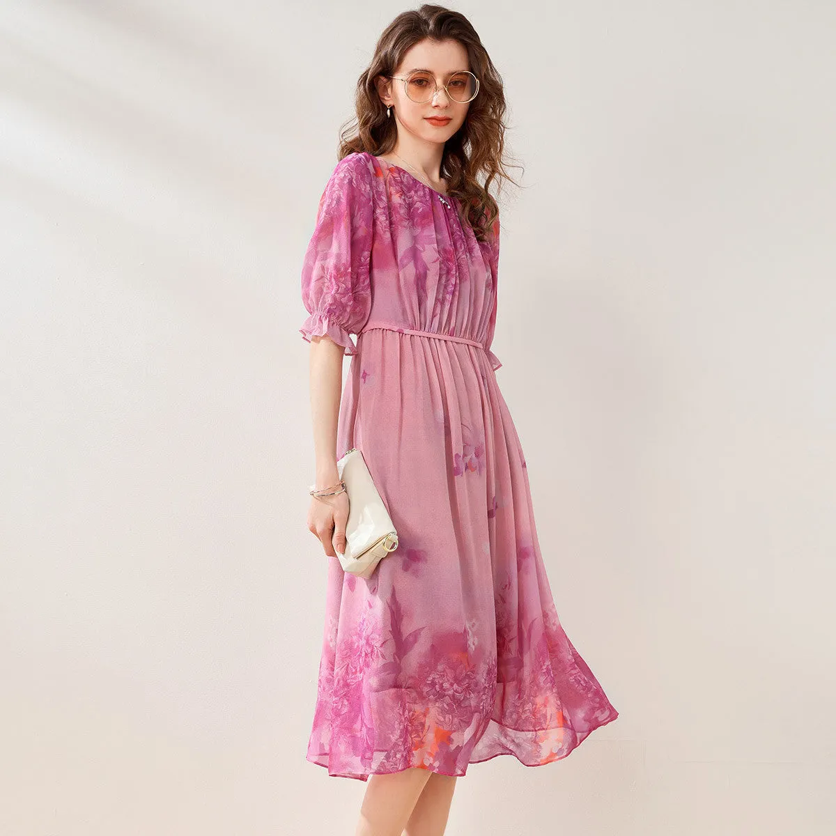 Mulberry Silk Round Neck Floral Dress sold by COMOBOCA
