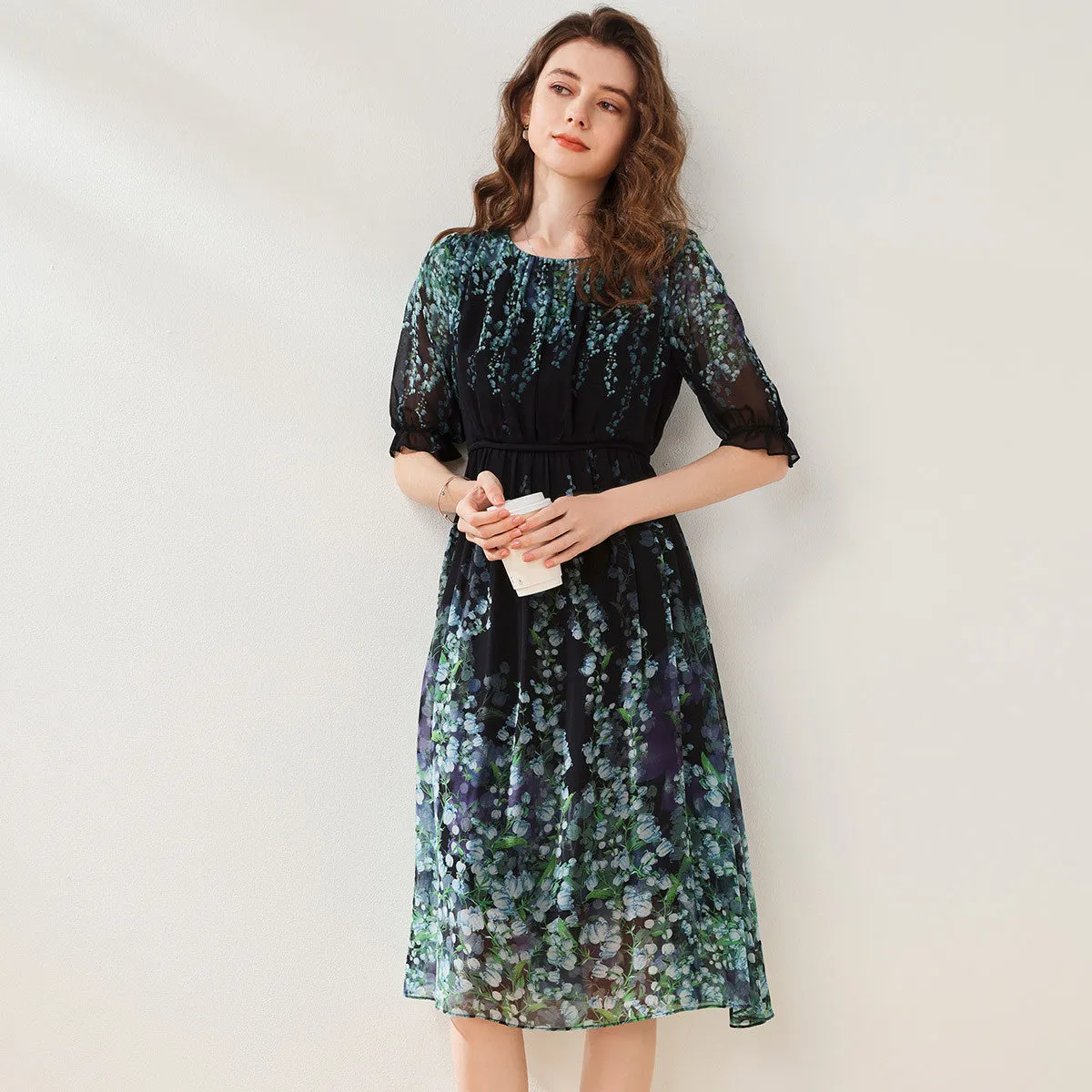 Mulberry Silk Round Neck Floral Dress sold by COMOBOCA product image thumbnail 2