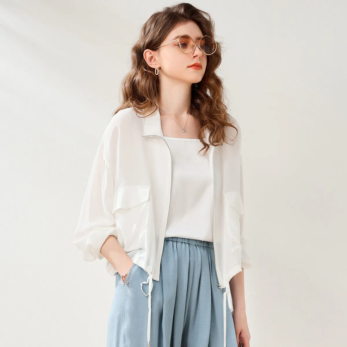 100% Mulberry Silk Cool Casual Zip-up Jacket sold by COMOBOCA product image thumbnail 3