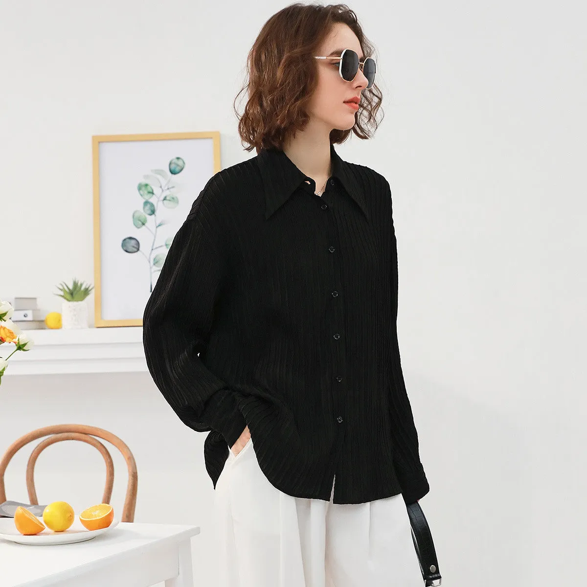 Mulberry Silk Stretch Solid Pleated Shirt sold by COMOBOCA product image thumbnail 3