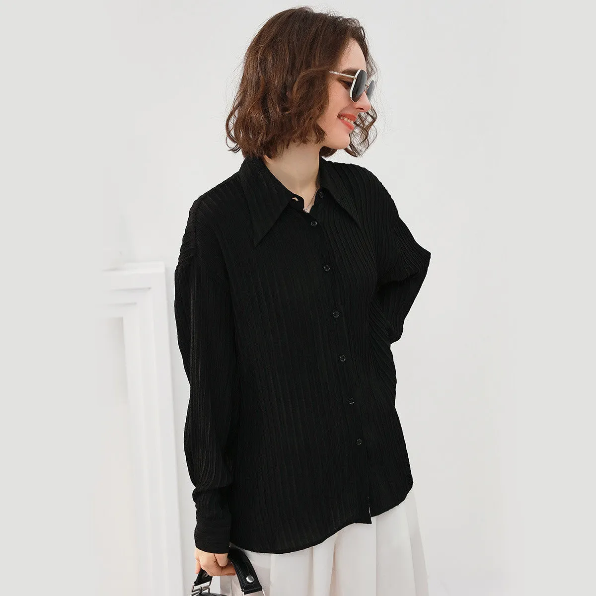 Mulberry Silk Stretch Solid Pleated Shirt sold by COMOBOCA product image thumbnail 4