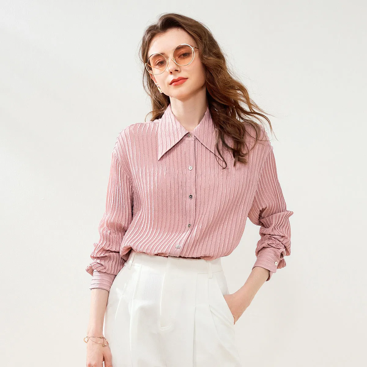 Mulberry Silk Stretch Solid Pleated Shirt sold by COMOBOCA