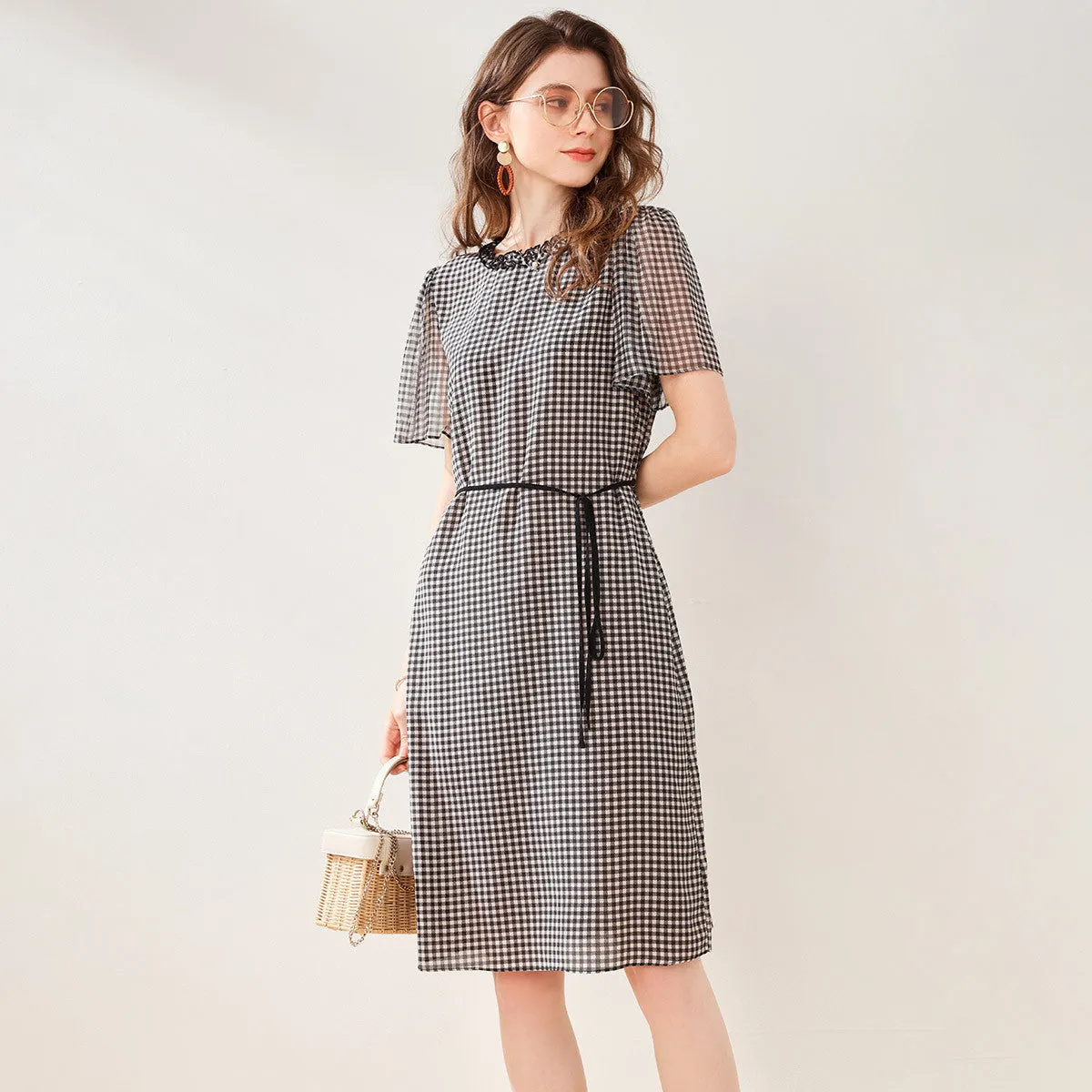 100% Mulberry Silk Round Neck Plaid Straight Dress sold by COMOBOCA product image thumbnail 2
