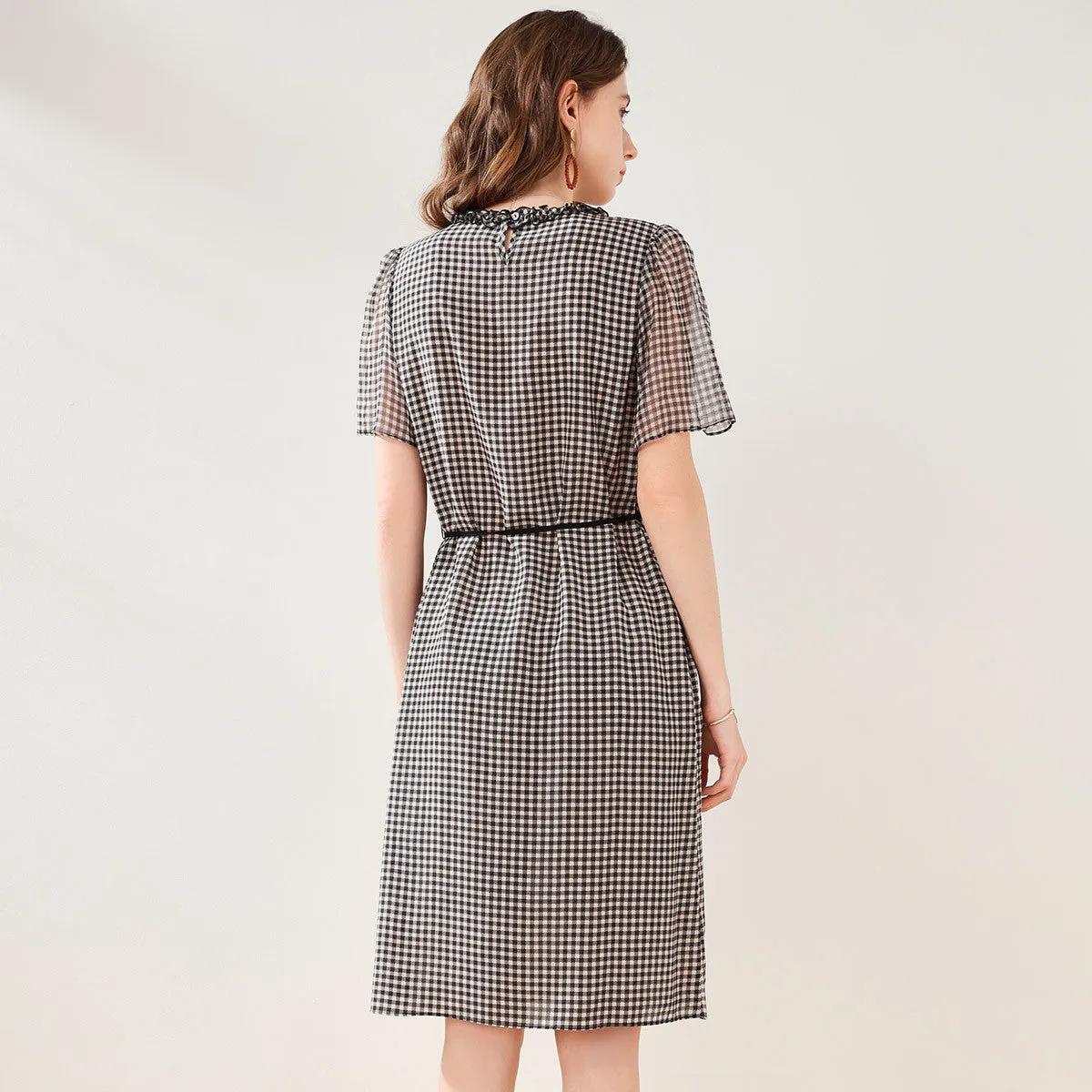 100% Mulberry Silk Round Neck Plaid Straight Dress sold by COMOBOCA product image thumbnail 4