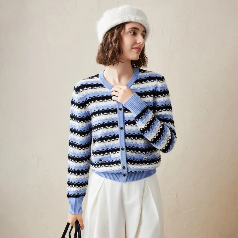 100% Cashmere Striped Knitted Button Up Cardigan sold by COMOBOCA