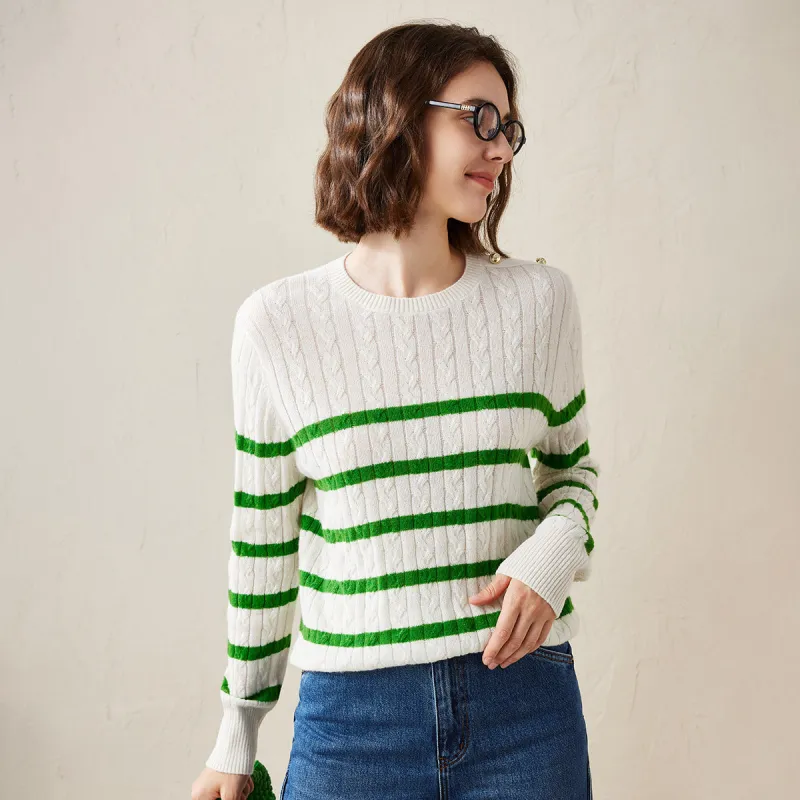 100% Cashmere Cable Knit Striped Sweater with Button Details sold by COMOBOCA