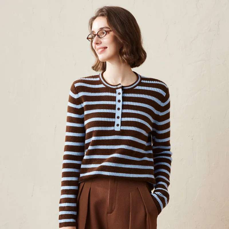 100% Cashmere Striped Knit Henley Sweater sold by COMOBOCA