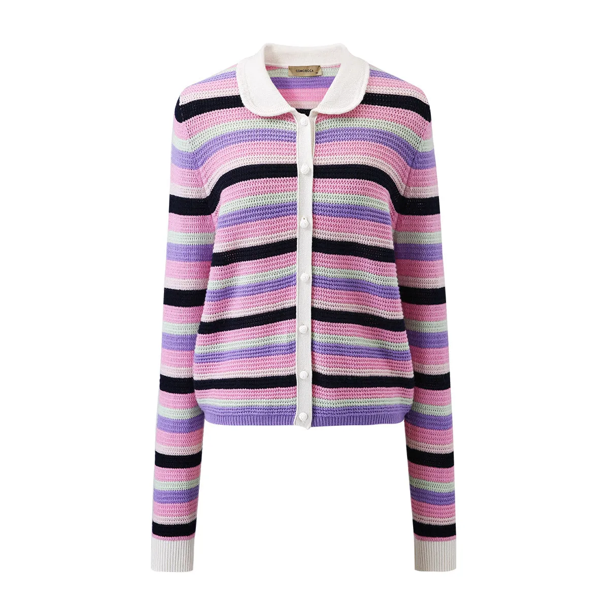 100% Cashmere Striped Knit Cardigan with Contrast Collar sold by COMOBOCA product image thumbnail 3