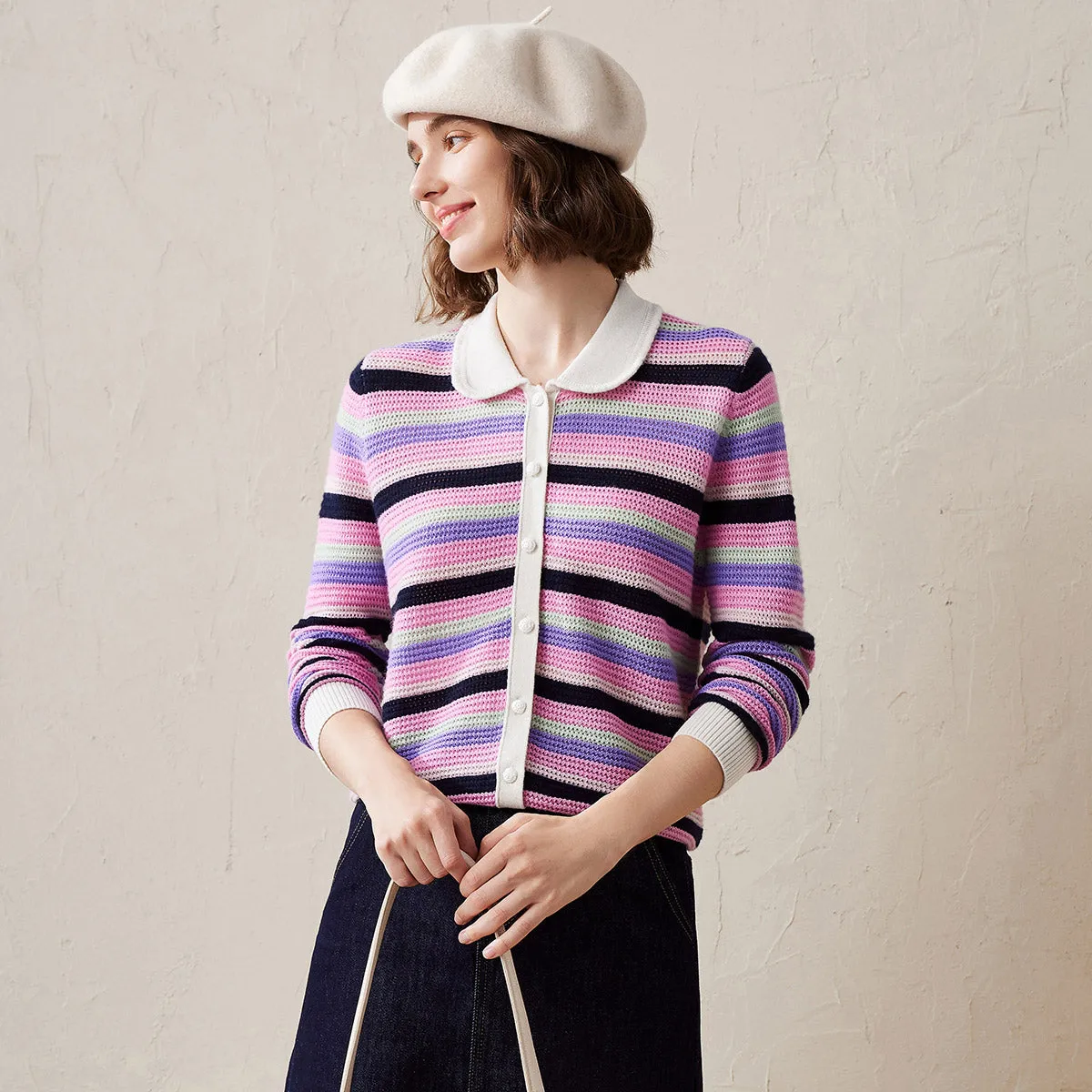 100% Cashmere Striped Knit Cardigan with Contrast Collar sold by COMOBOCA