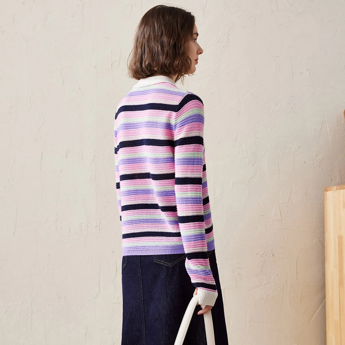 100% Cashmere Striped Knit Cardigan with Contrast Collar sold by COMOBOCA product image thumbnail 2