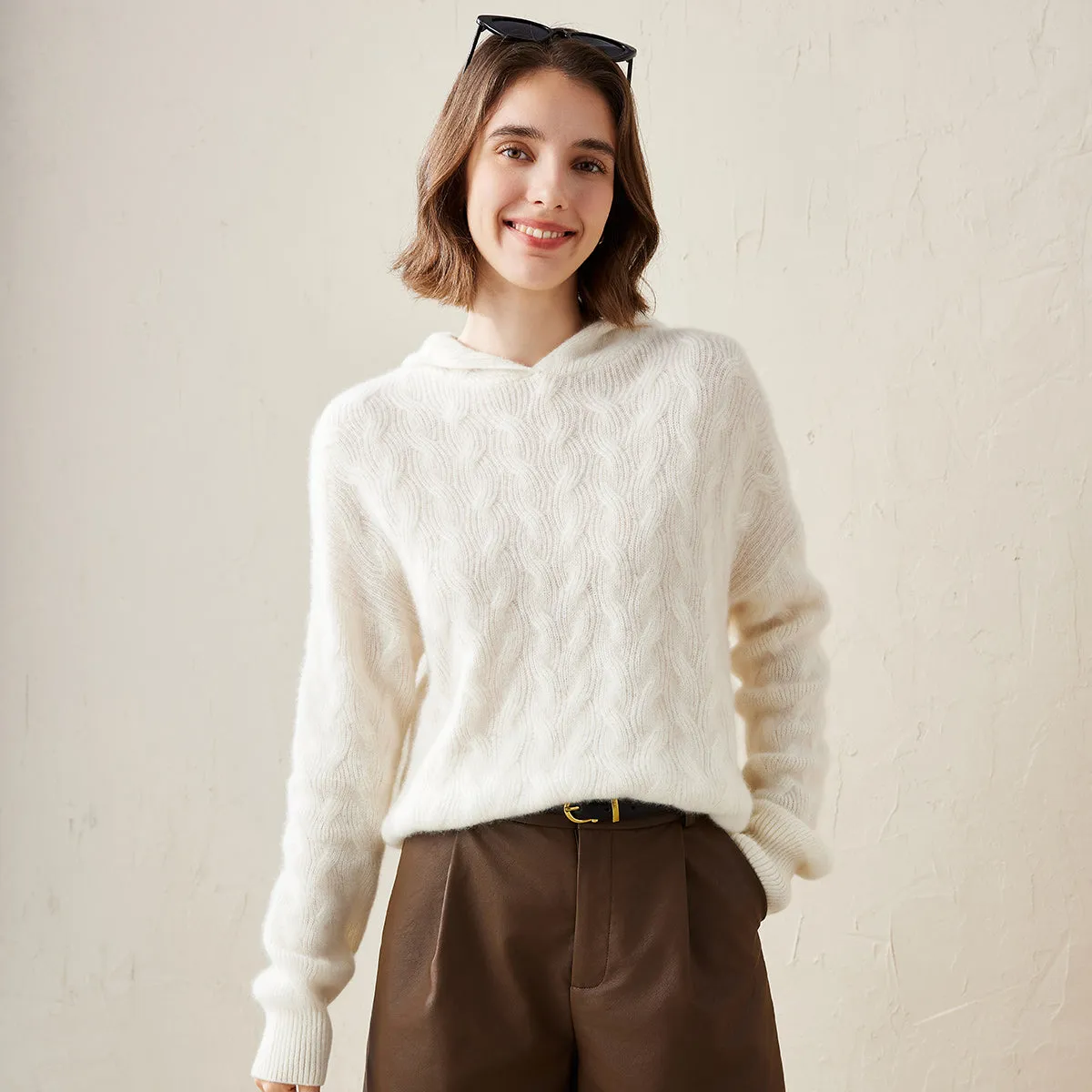 100% Cashmere Women's Cable Knit Hooded Sweater sold by COMOBOCA product image thumbnail 5