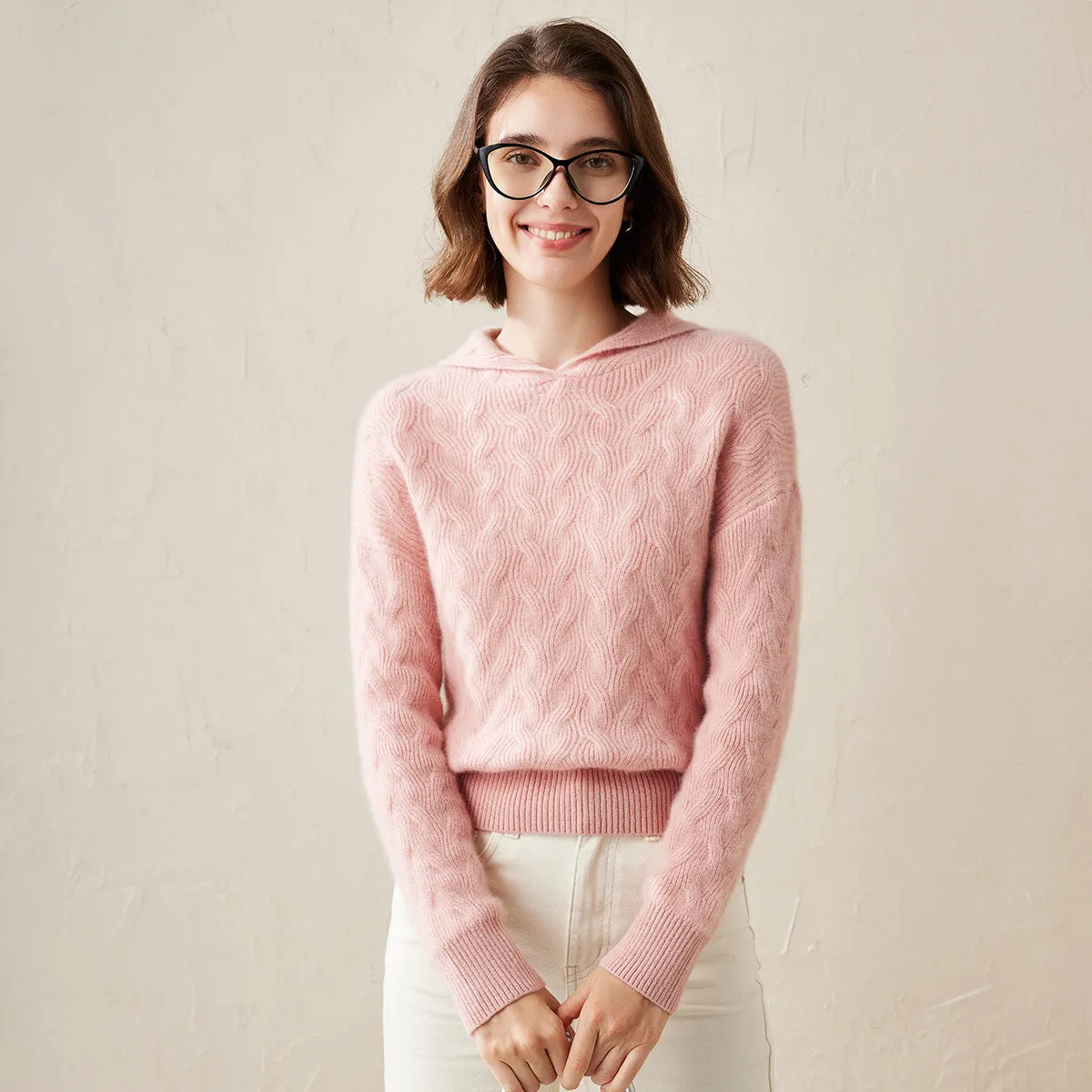 100% Cashmere Women's Cable Knit Hooded Sweater sold by COMOBOCA product image thumbnail 2