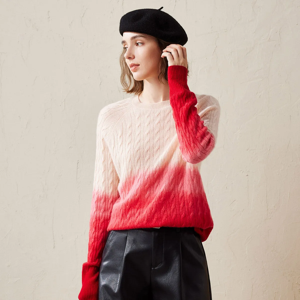 100% Cashmere Gradient Color Cable Knit Sweater sold by COMOBOCA