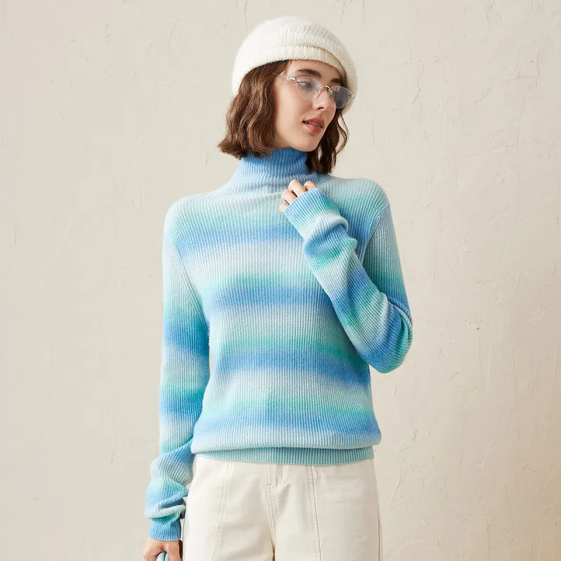 100% Cashmere Gradient Colorblock Turtleneck Sweater sold by COMOBOCA