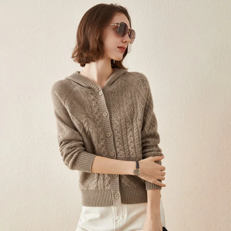 100% Cashmere Luxurious Cable Knit Hooded Cardigan sold by COMOBOCA