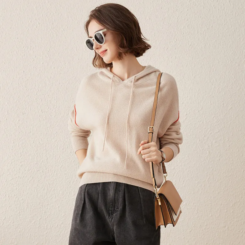 100% Cashmere Knit Hoodies with Contrasting Sleeve Detail sold by COMOBOCA