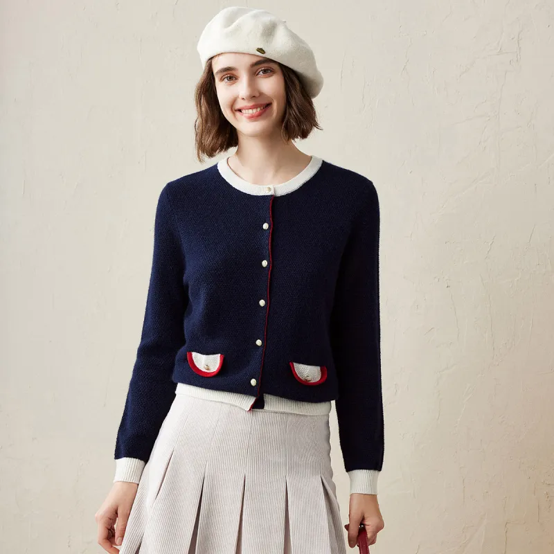 100% Cashmere Classic Contrast Trim Cardigan sold by COMOBOCA