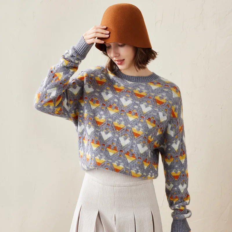 100% Cashmere Pastel Heart Knit Sweater made by COMOBOCA