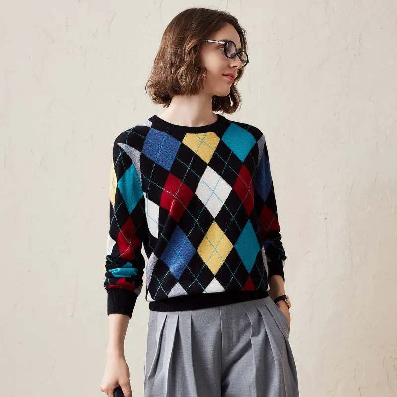 100% Cashmere Women's Argyle Pattern Colorful Knit Sweater sold by COMOBOCA
