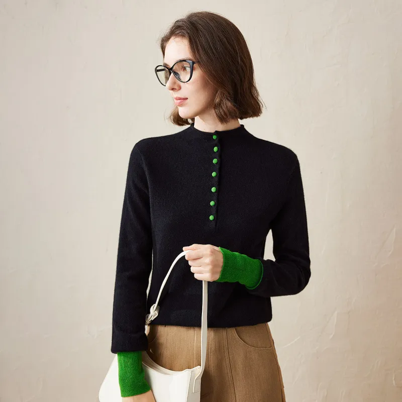 100% Cashmere Women's  Button Down Contrast Cuff Knit Sweater sold by COMOBOCA