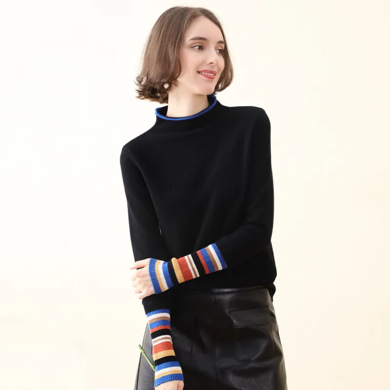 100% Cashmere Women's Knit Sweater with Colorful Cuffs sold by COMOBOCA