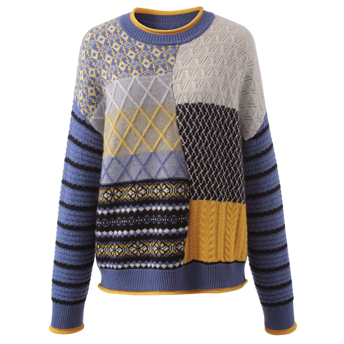 100% Cashmere Patchwork Knit Sweater with Striped Sleeves sold by COMOBOCA product image thumbnail 3