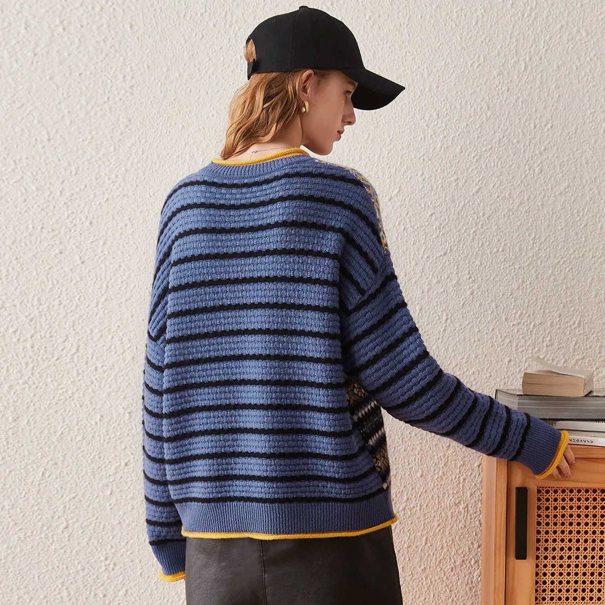 100% Cashmere Patchwork Knit Sweater with Striped Sleeves sold by COMOBOCA product image thumbnail 2