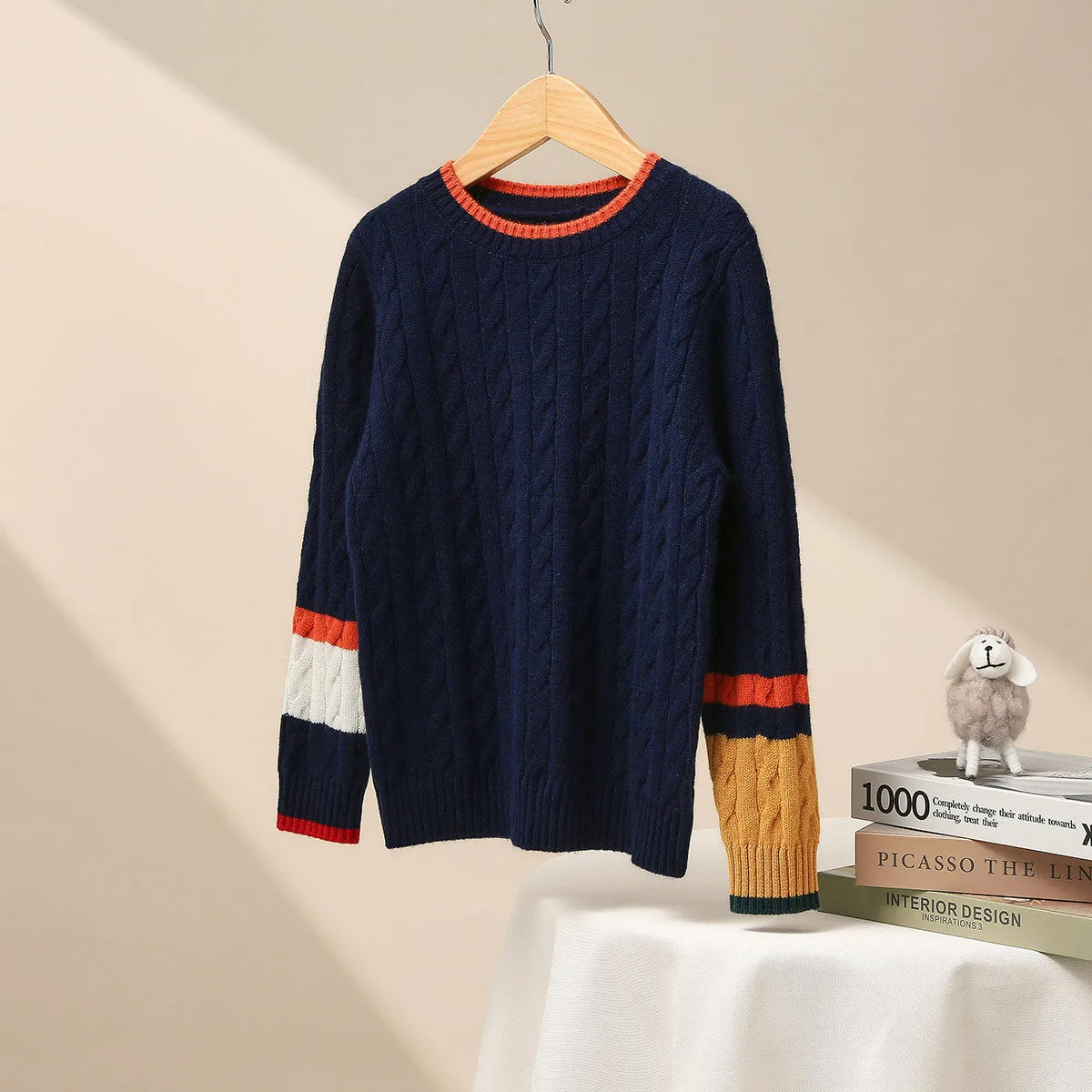 100% Wool Kids' Cable Knit Sweater with Color Block Detail sold by COMOBOCA product image thumbnail 3