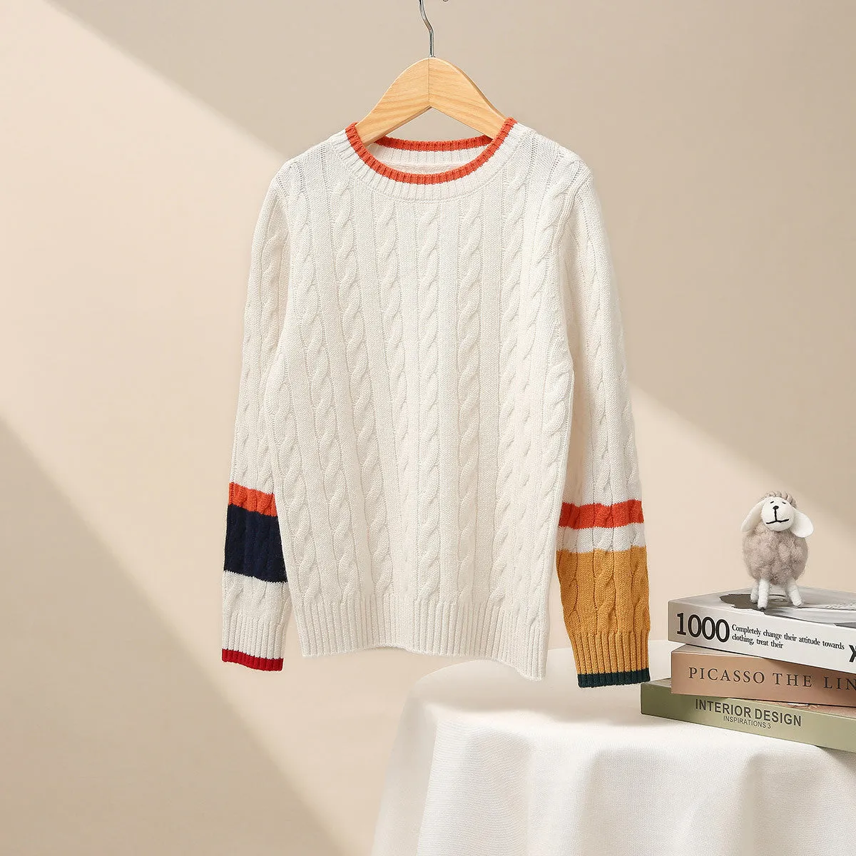 100% Wool Kids' Cable Knit Sweater with Color Block Detail sold by COMOBOCA