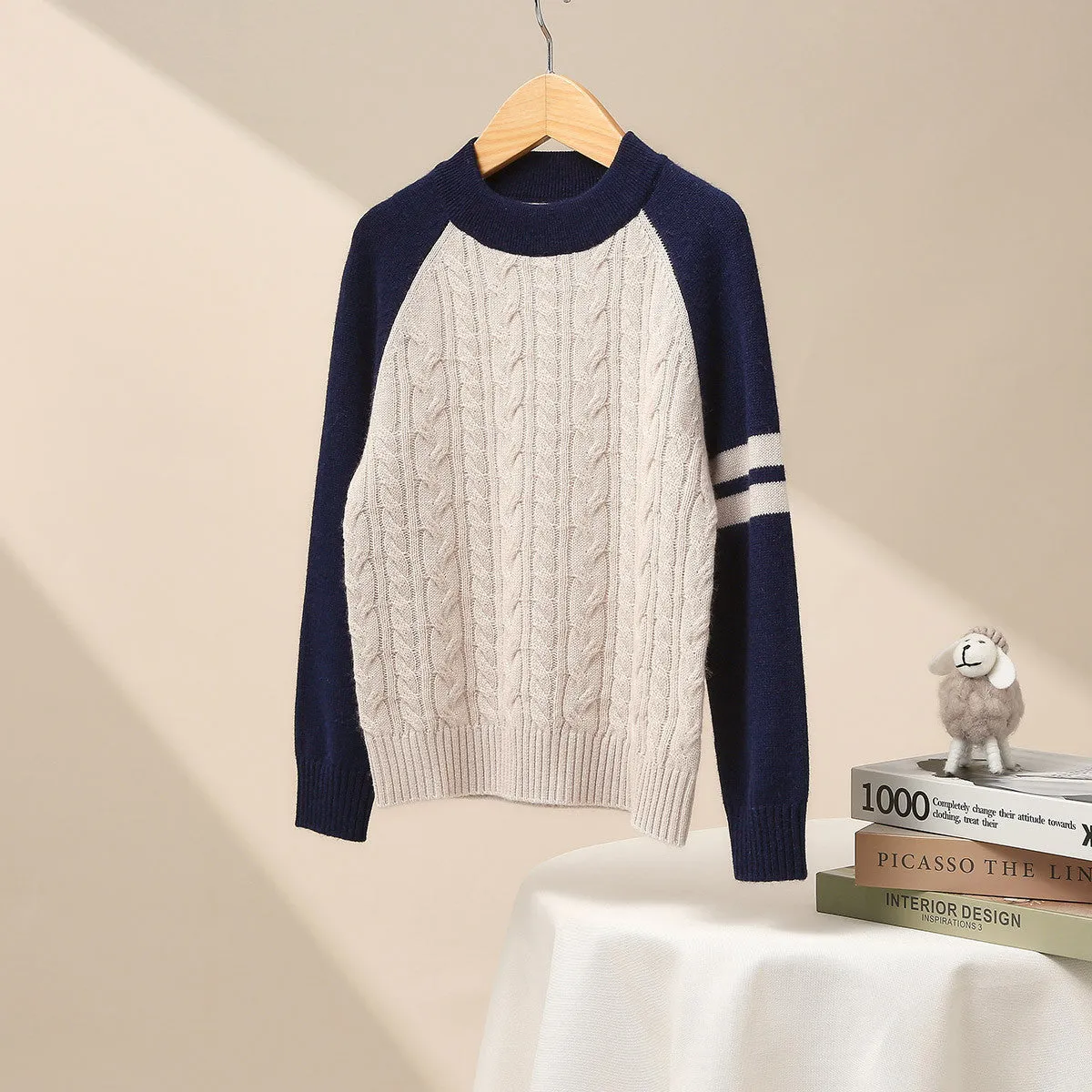 100% Wool Kid's Cable Knit Sweater with Contrast Sleeves sold by COMOBOCA