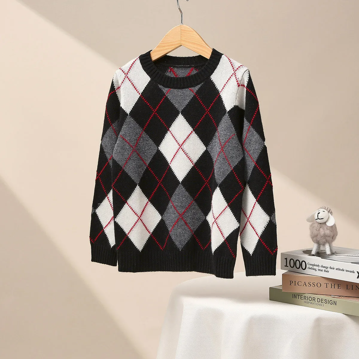 100% Wool Kids' Ribbed Argyle Knit Sweater sold by COMOBOCA