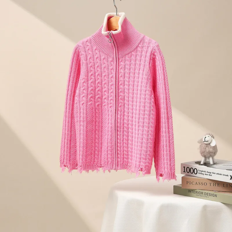 100% Wool Kid's Cable Knit Turtleneck Zip Up Cardigan sold by CB Cashmere