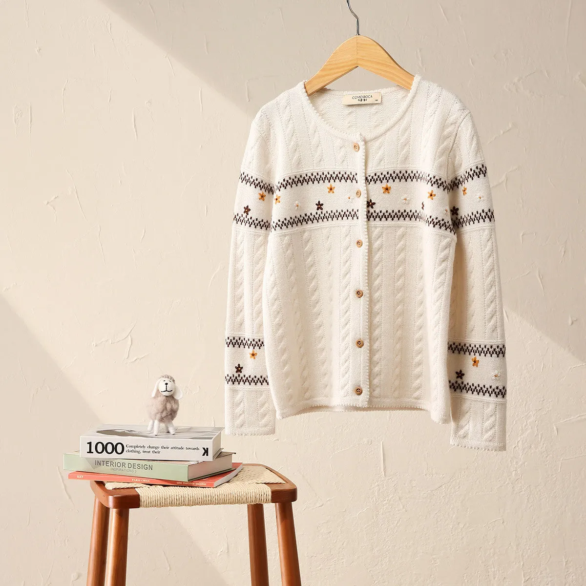 100% Wool Kid's Floral Embroidered Cable Knit Cardigan sold by COMOBOCA product image thumbnail 4