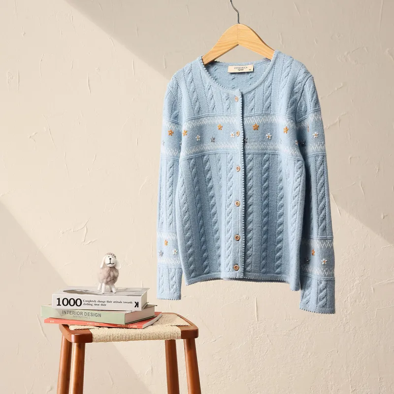 100% Wool Kid's Floral Embroidered Cable Knit Cardigan sold by COMOBOCA