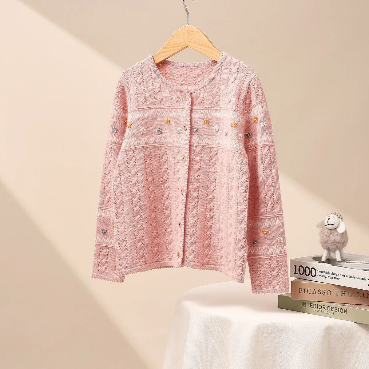 100% Wool Kid's Floral Embroidered Cable Knit Cardigan sold by COMOBOCA product image thumbnail 3