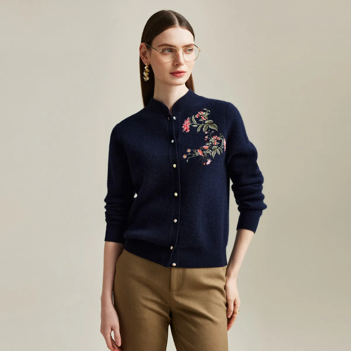 100% Cashmere Elegant Floral Embroidered Cardigan sold by COMOBOCA product image thumbnail 2