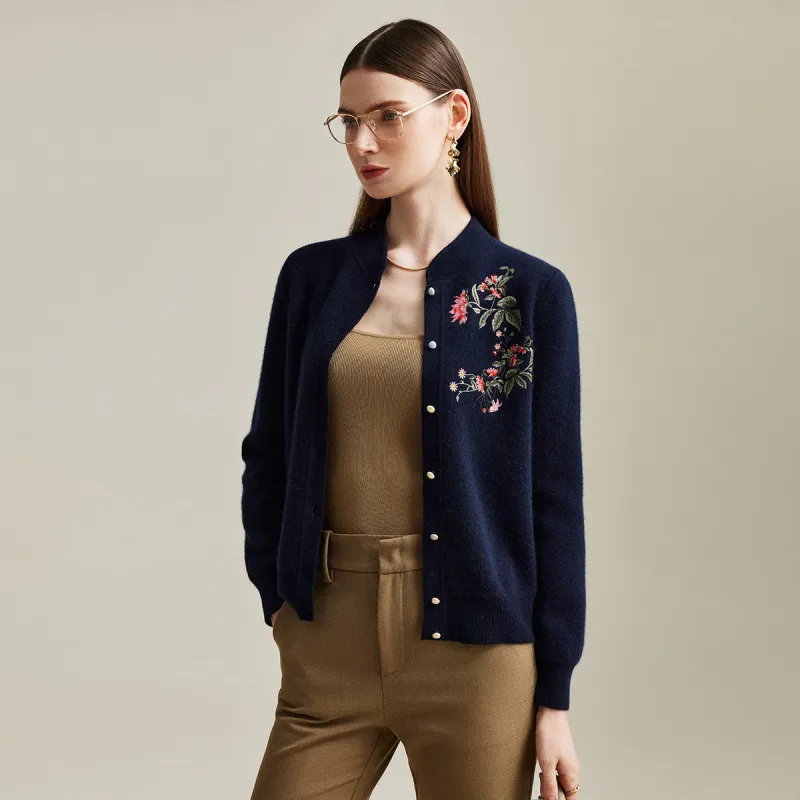 100% Cashmere Elegant Floral Embroidered Cardigan sold by COMOBOCA