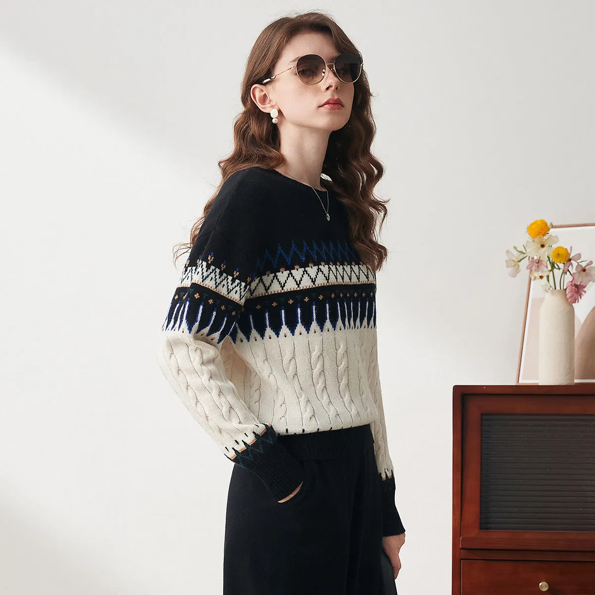 100% Wool Women's Nordic Pattern Cable Knit Sweater sold by COMOBOCA product image thumbnail 3