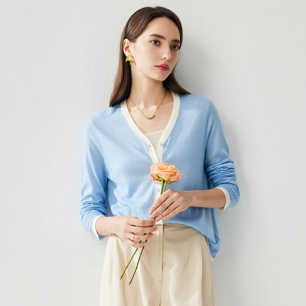 Women's Ribbed V-neck Cardigan with White Trim sold by COMOBOCA