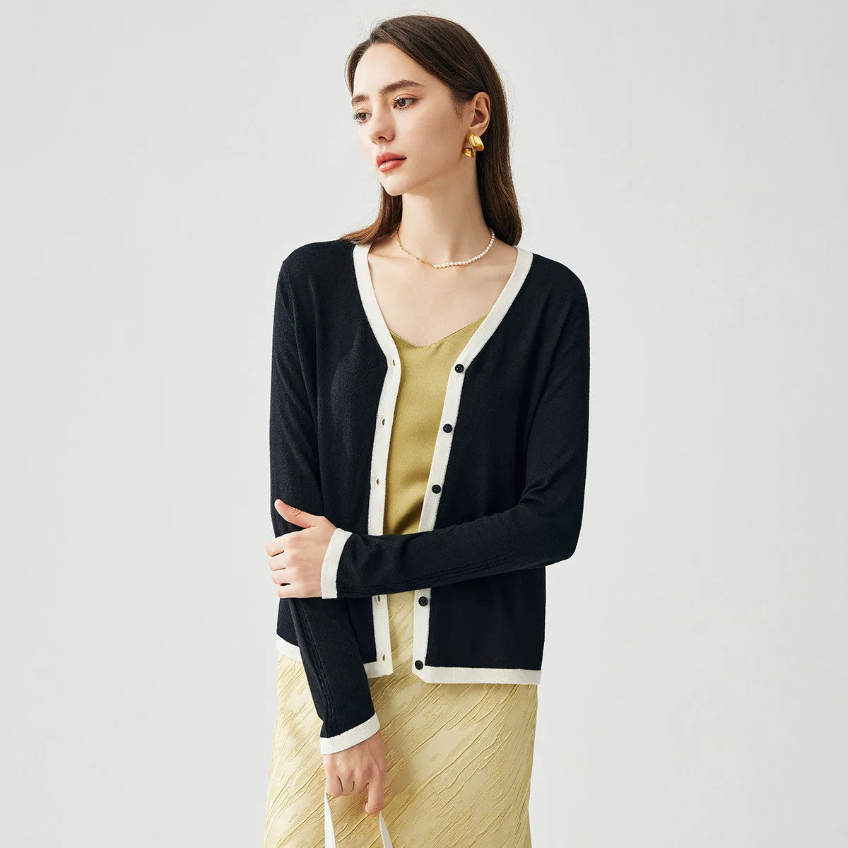 Women's Ribbed V-neck Cardigan with White Trim sold by COMOBOCA product image thumbnail 5