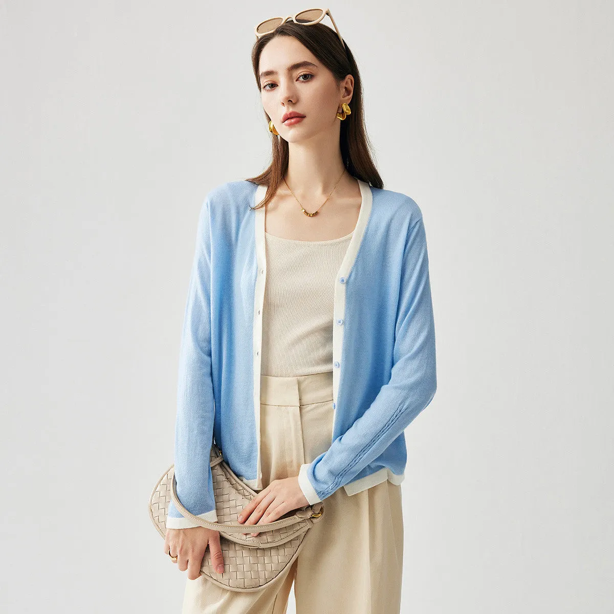 Women's Ribbed V-neck Cardigan with White Trim sold by COMOBOCA product image thumbnail 3