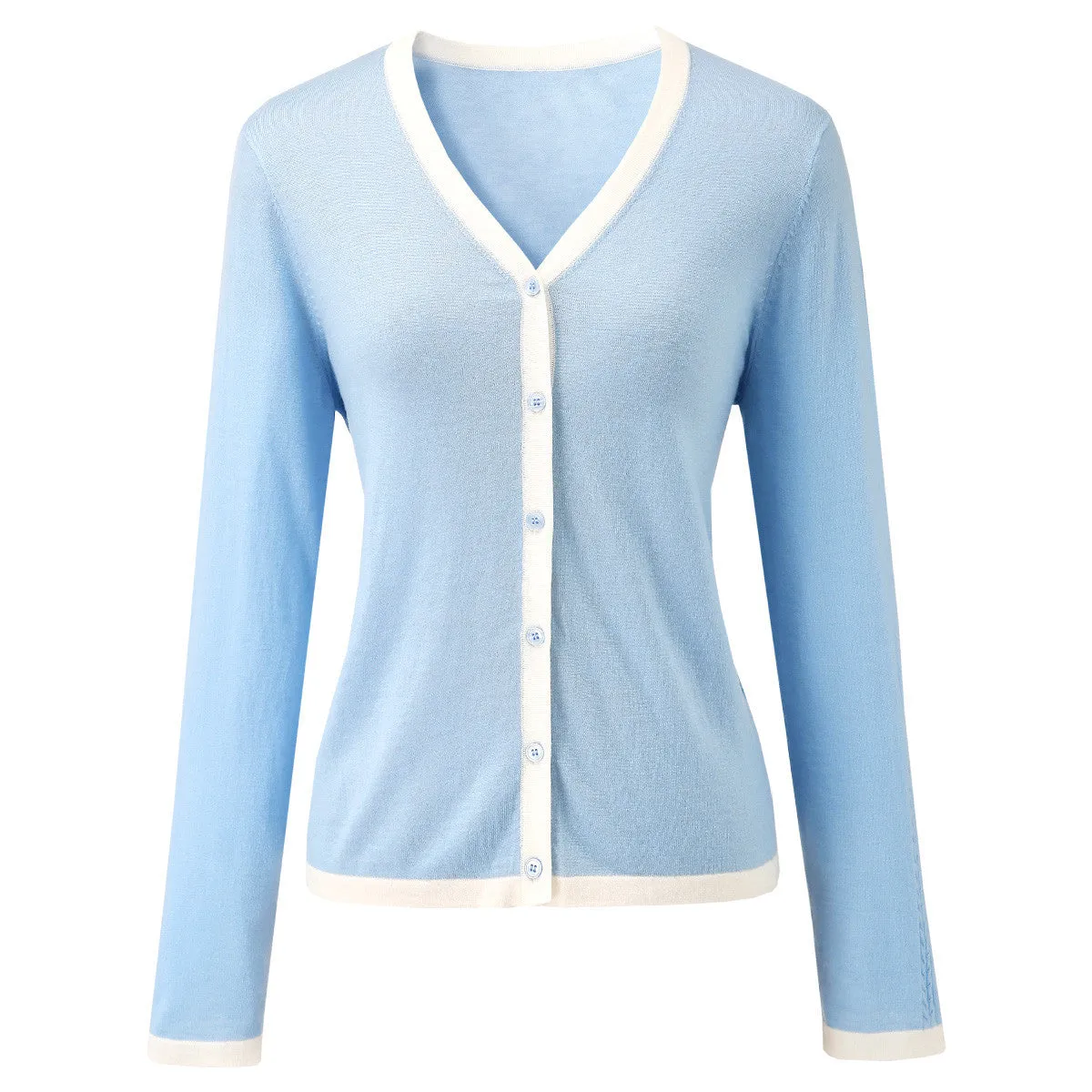 Women's Ribbed V-neck Cardigan with White Trim sold by COMOBOCA product image thumbnail 4