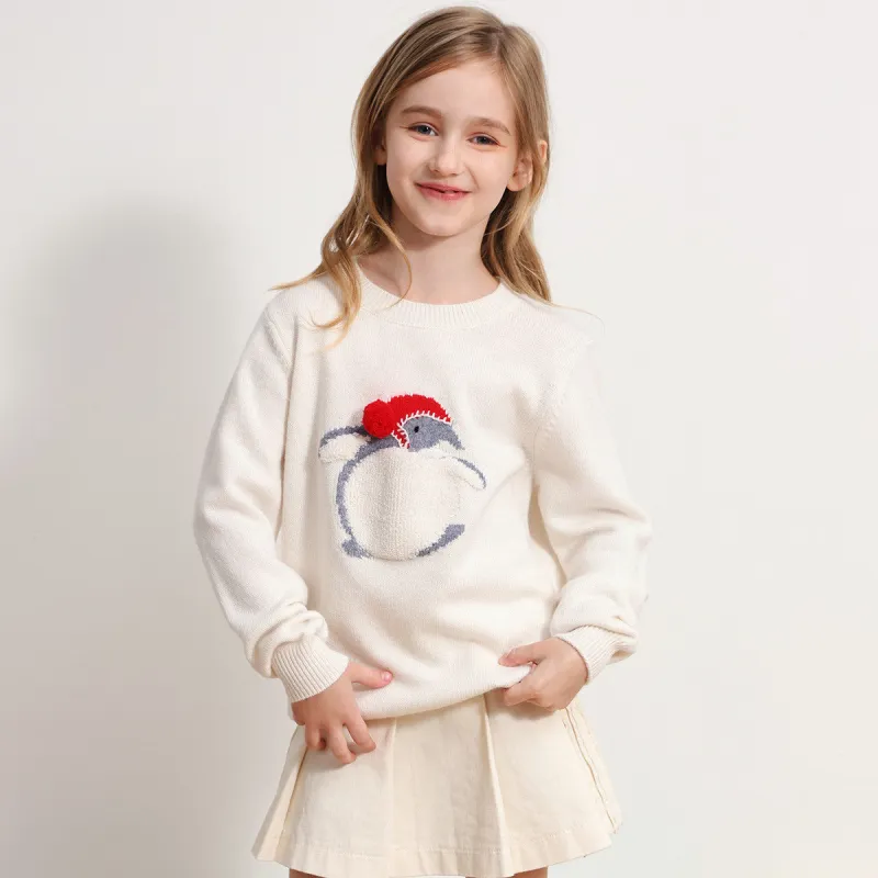 100% Wool Kids' Penguin Intarsia Round Neck Sweater made by COMOBOCA