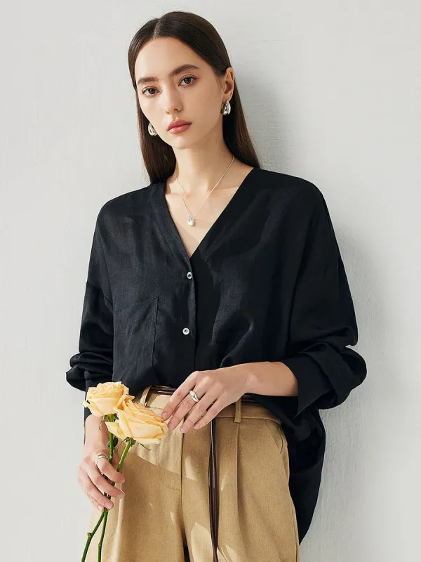 100% Ramie Women's Relaxed V-Neck Shirt with Pocket sold by COMOBOCA