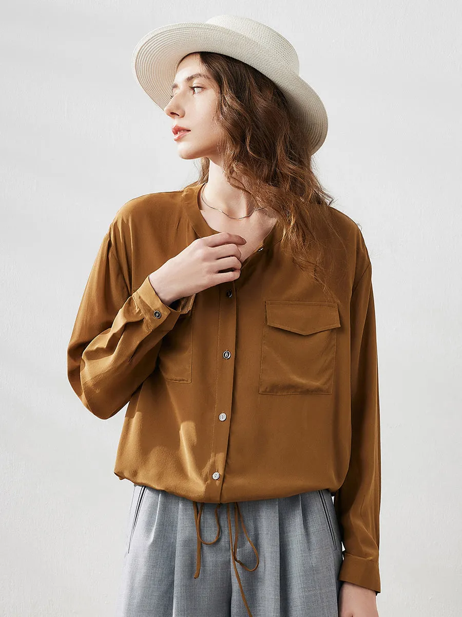 100% Mulberry Silk Women's Pocket Blouse with Drawstring sold by COMOBOCA