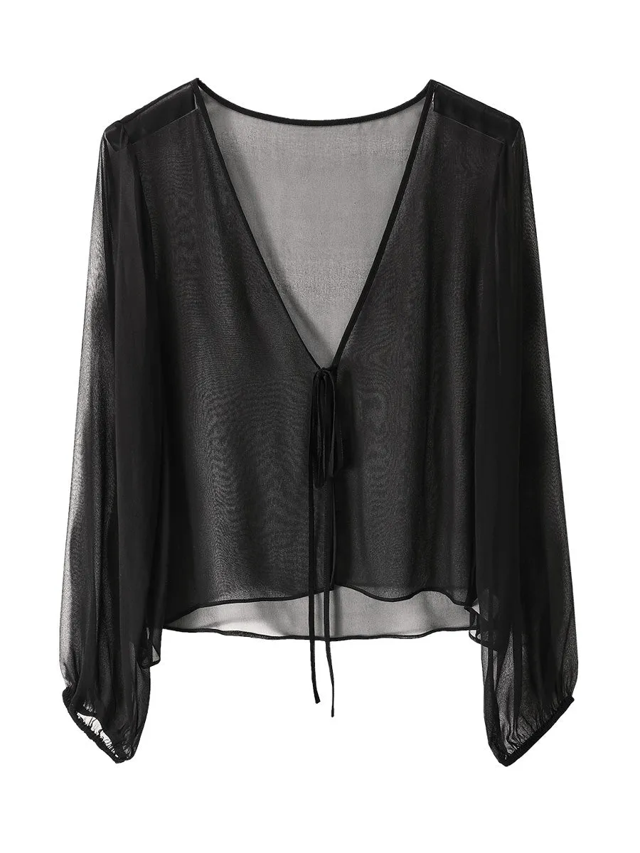 100% Mulberry Silk Women's Tie-Front Blouse sold by CB Cashmere product image thumbnail 4