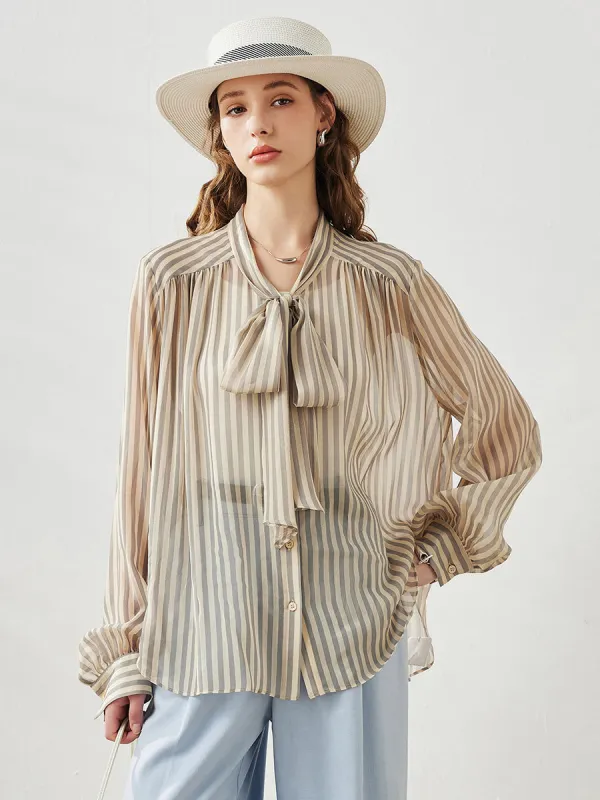 Women's Striped Bow Tie Mulberry Silk Shirt sold by COMOBOCA